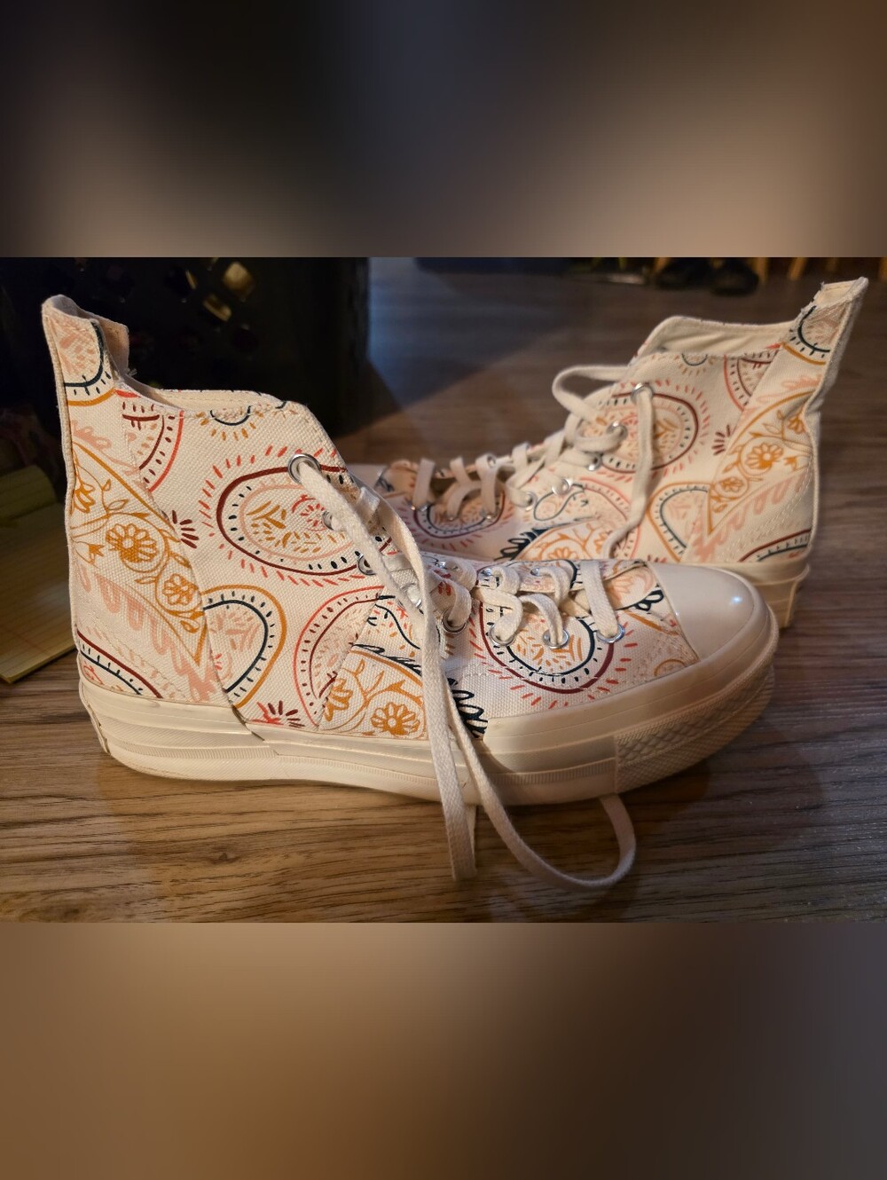 Converse High-Top Canvas Sneakers in Cream with Orange and Black Paisley